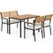 Wood and Black Outdoor Patio Dining Set with Table Two Chairs and Bench Cushioned Seats Durable Metal Frame